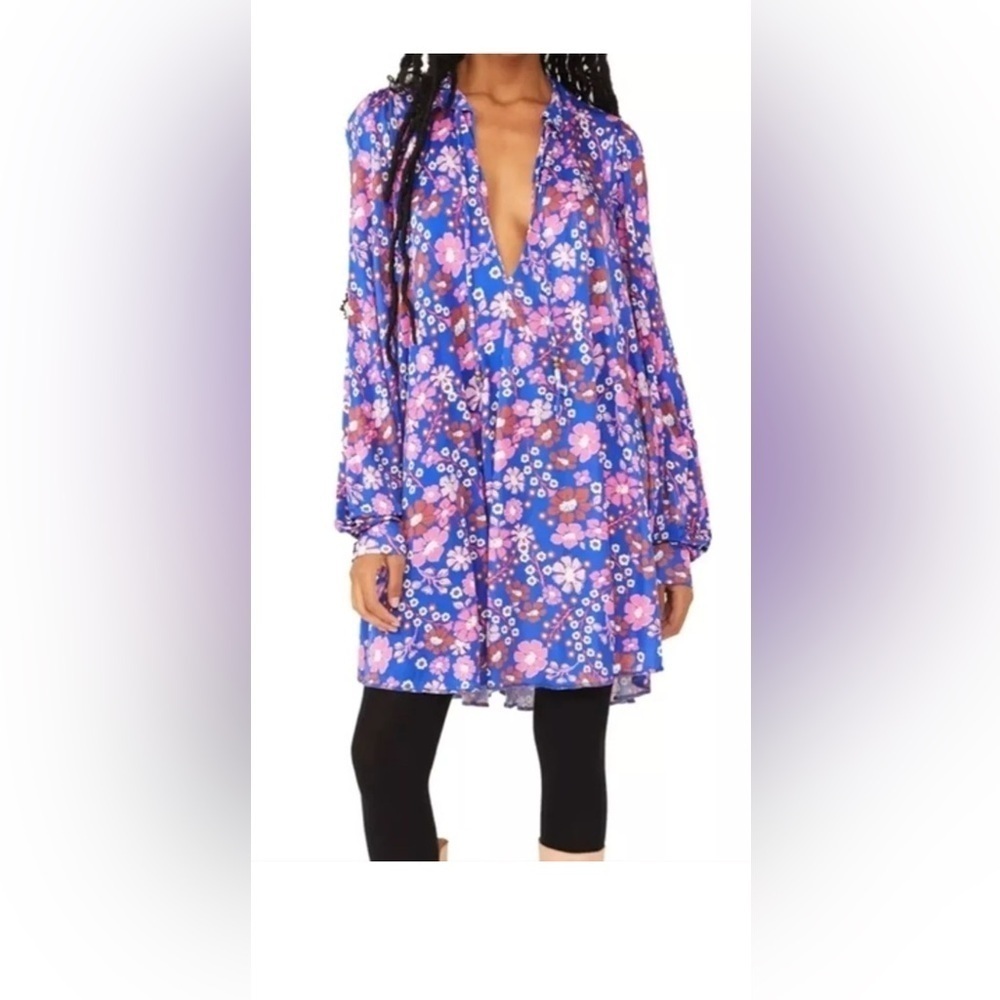 Free People Daisy Jane Dress Retro 70s Floral Colorful Blue Purple Medium EUC